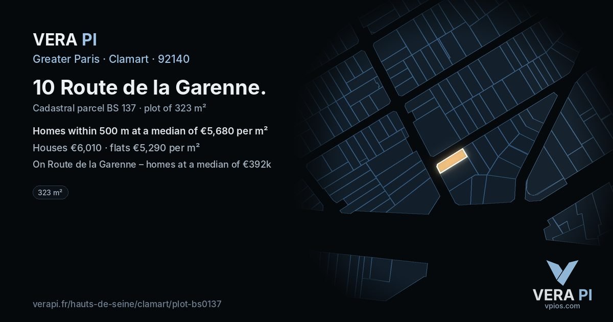 10 Route de la Garenne, Clamart at night – the plot lit, the parcels around coloured by the prices near them