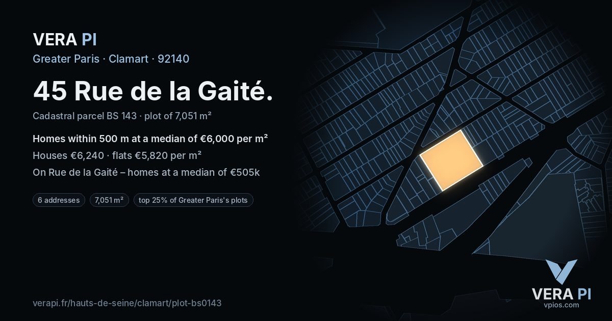 45 Rue de la Gaité, Clamart at night – the plot lit, the parcels around coloured by the prices near them