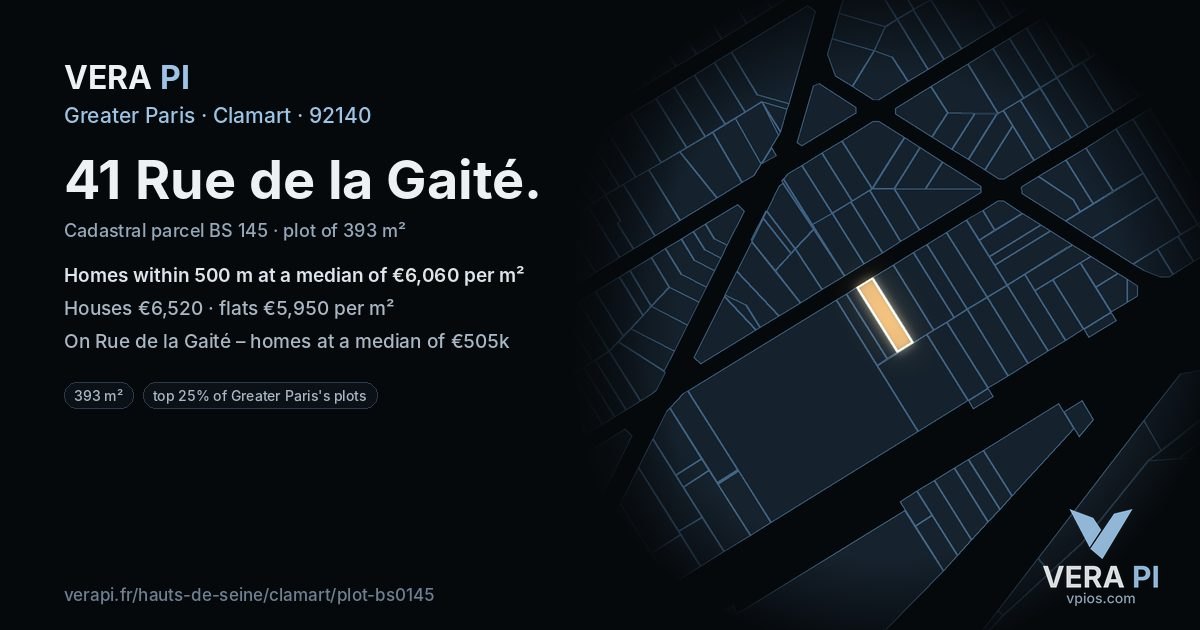 41 Rue de la Gaité, Clamart at night – the plot lit, the parcels around coloured by the prices near them