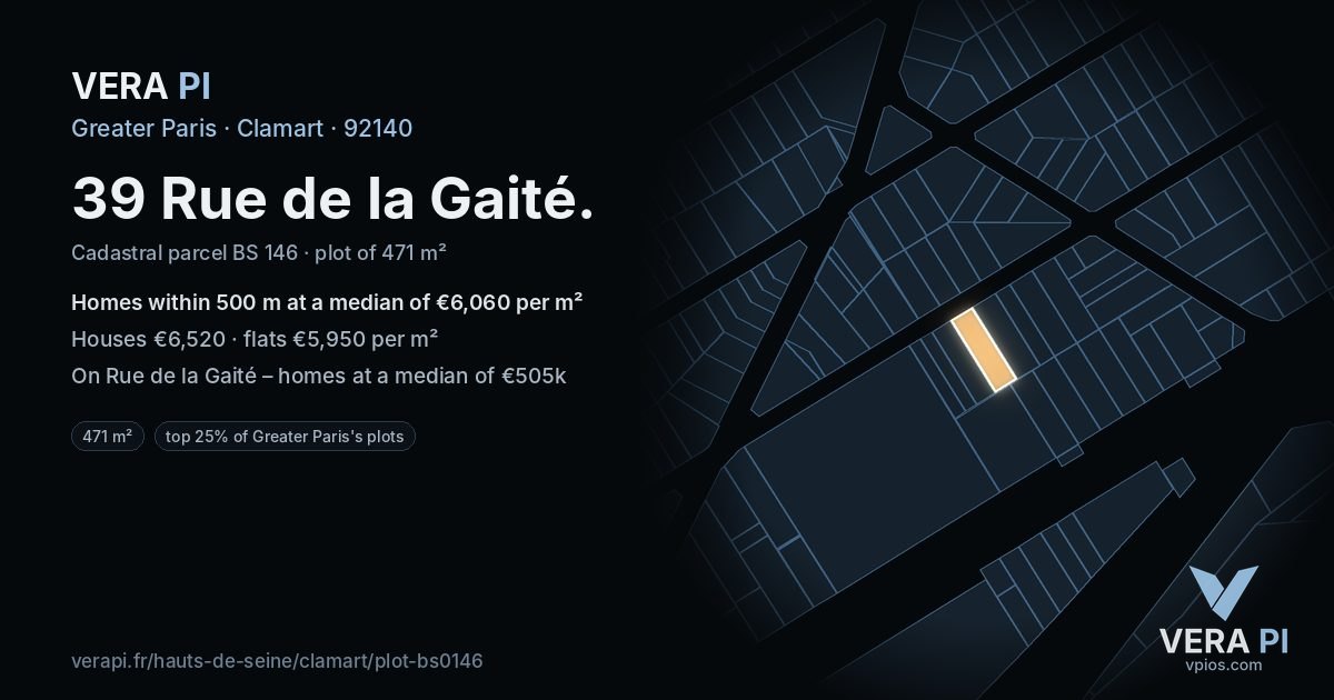 39 Rue de la Gaité, Clamart at night – the plot lit, the parcels around coloured by the prices near them