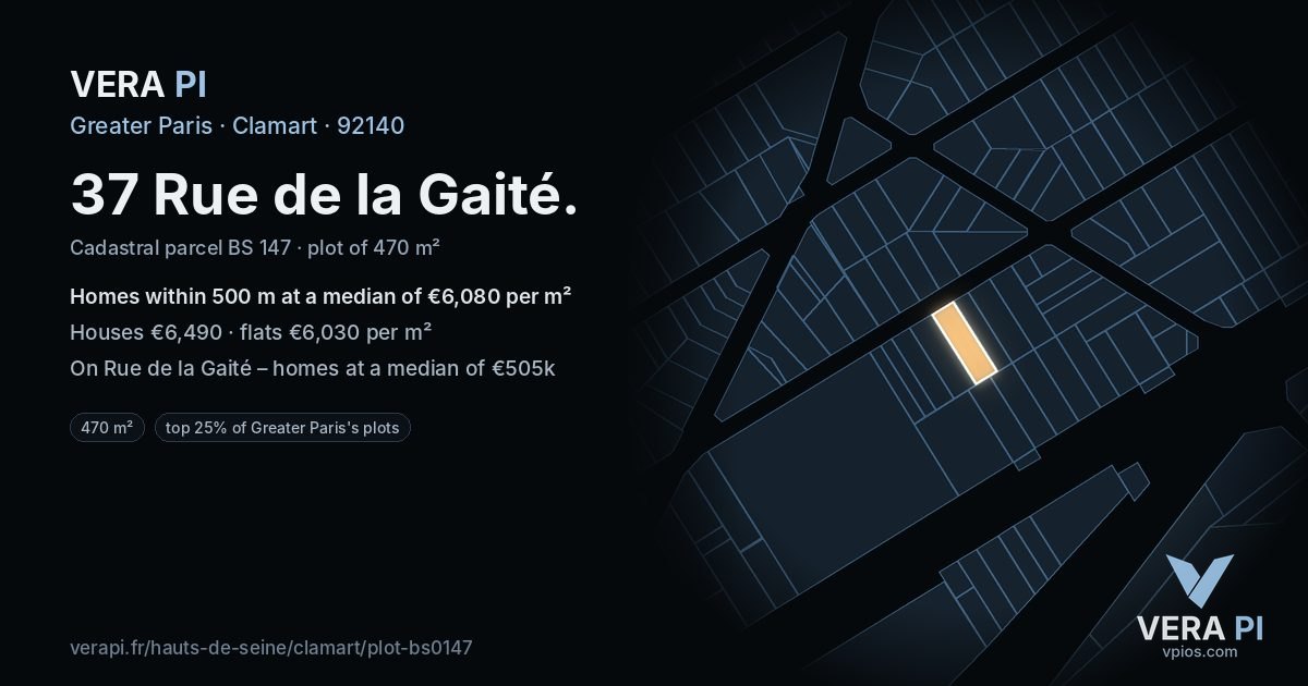 37 Rue de la Gaité, Clamart at night – the plot lit, the parcels around coloured by the prices near them