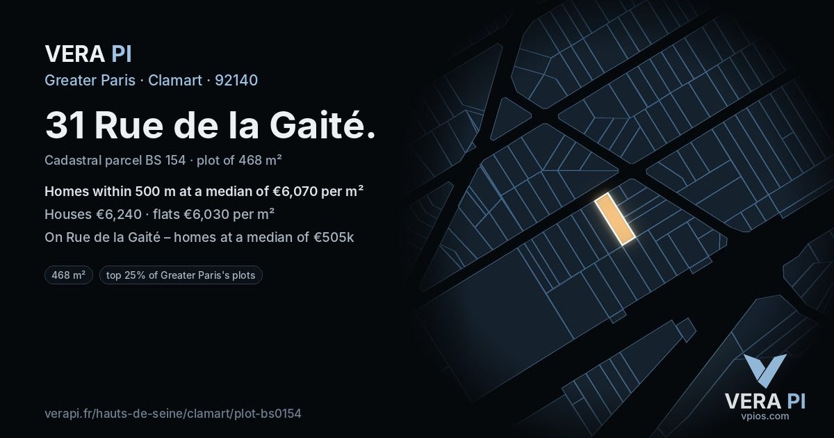 31 Rue de la Gaité, Clamart at night – the plot lit, the parcels around coloured by the prices near them