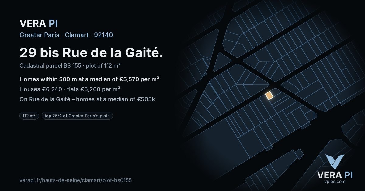 29 bis Rue de la Gaité, Clamart at night – the plot lit, the parcels around coloured by the prices near them