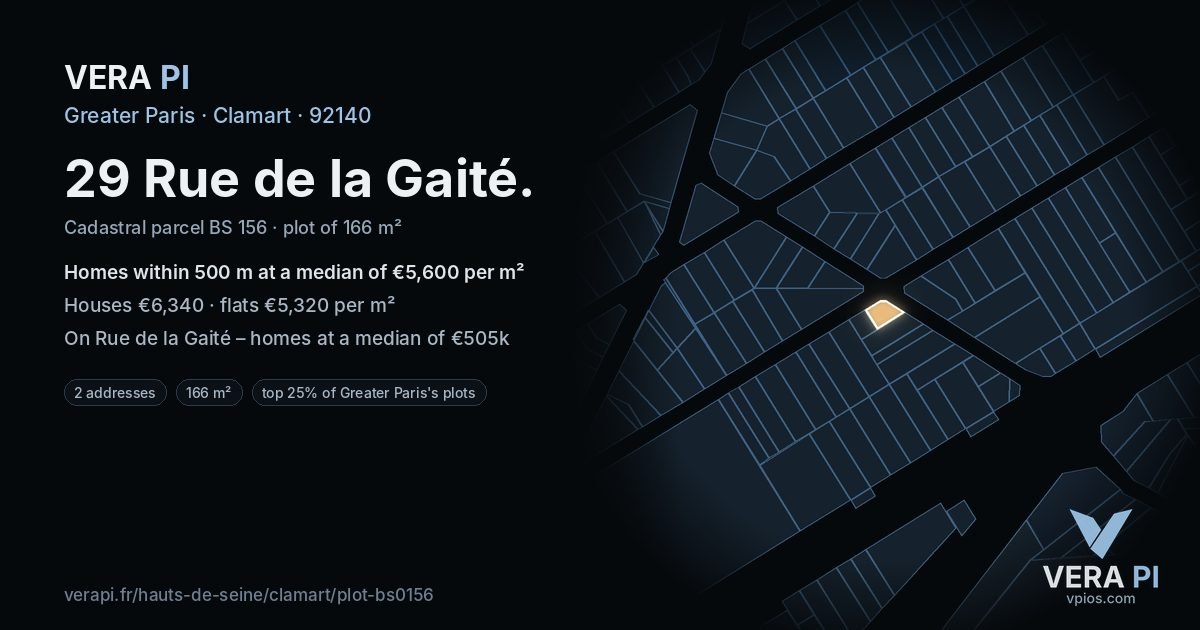 29 Rue de la Gaité, Clamart at night – the plot lit, the parcels around coloured by the prices near them
