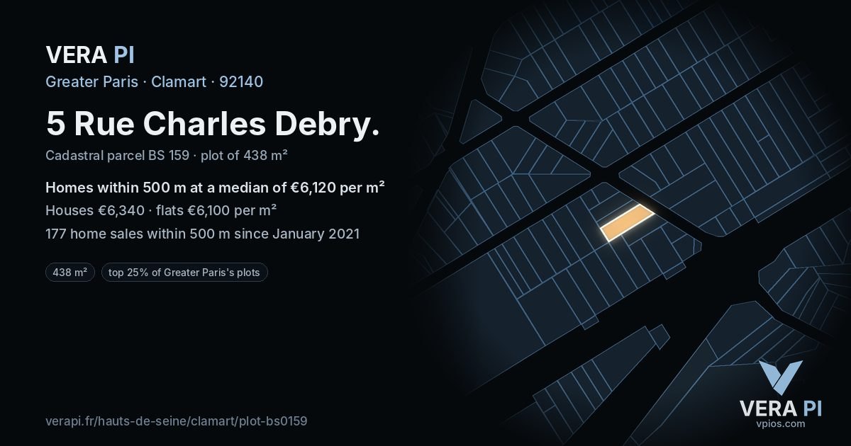 5 Rue Charles Debry, Clamart at night – the plot lit, the parcels around coloured by the prices near them