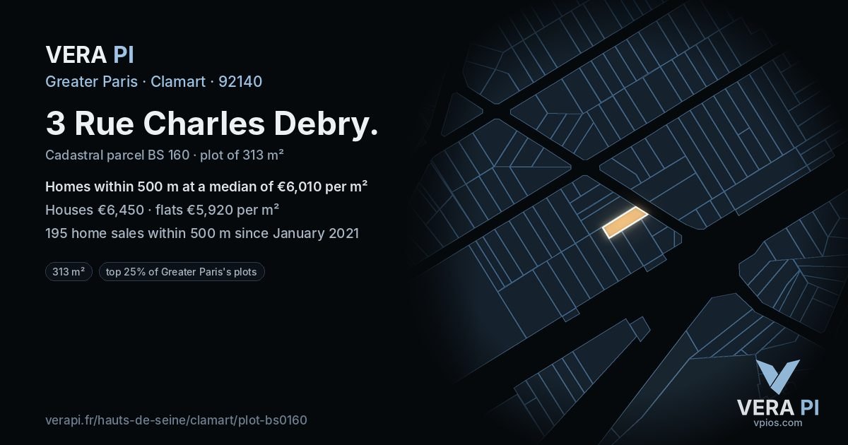 3 Rue Charles Debry, Clamart at night – the plot lit, the parcels around coloured by the prices near them