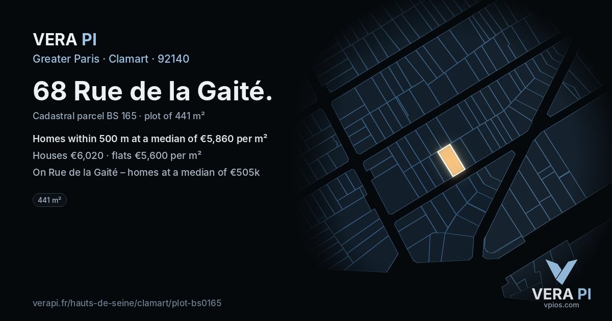 68 Rue de la Gaité, Clamart at night – the plot lit, the parcels around coloured by the prices near them