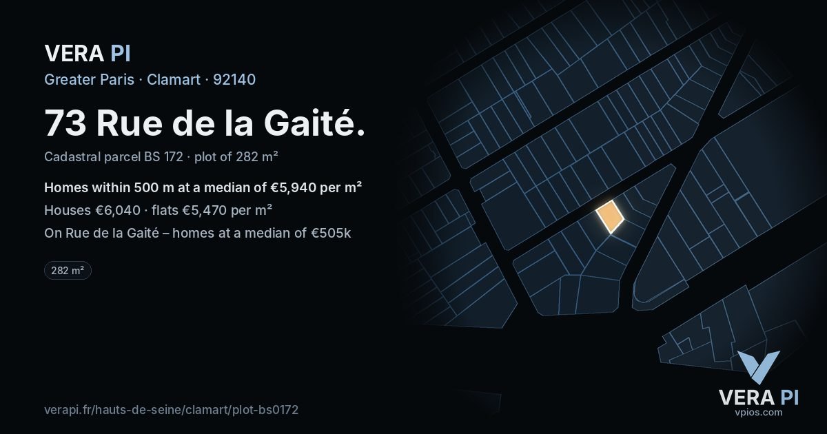 73 Rue de la Gaité, Clamart at night – the plot lit, the parcels around coloured by the prices near them