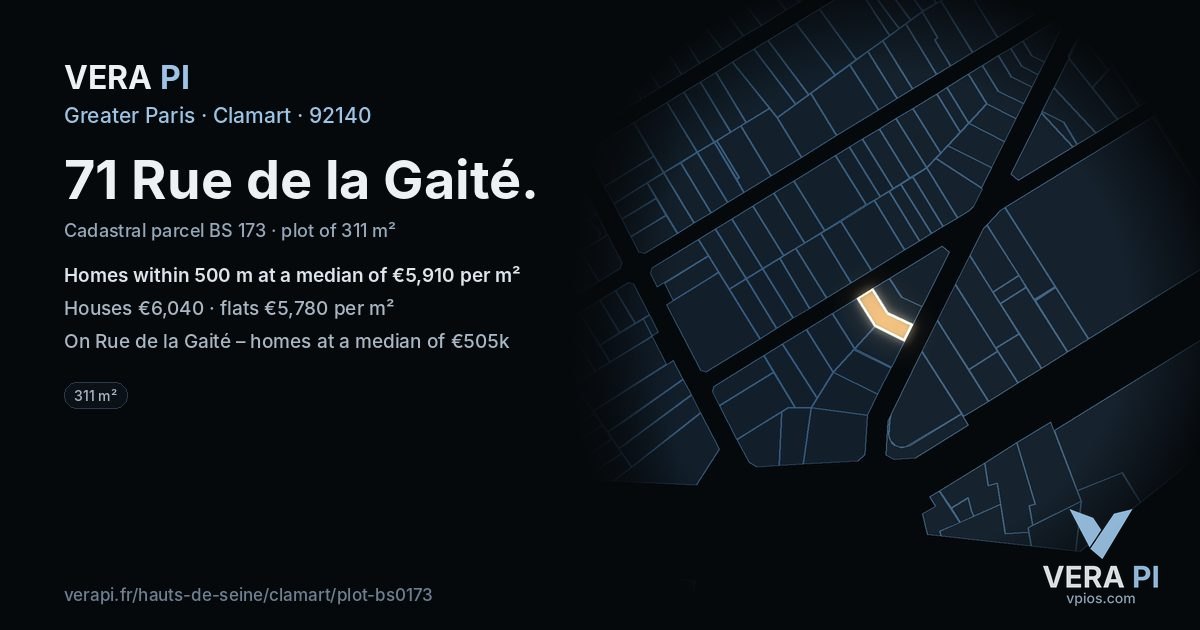 71 Rue de la Gaité, Clamart at night – the plot lit, the parcels around coloured by the prices near them