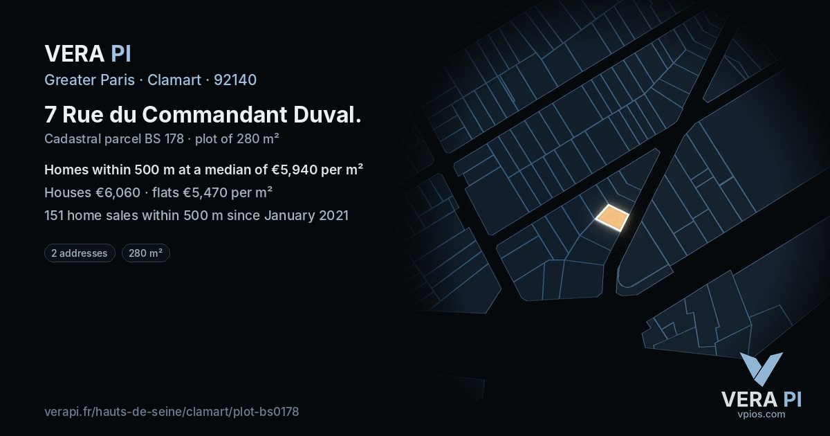 7 Rue du Commandant Duval, Clamart at night – the plot lit, the parcels around coloured by the prices near them