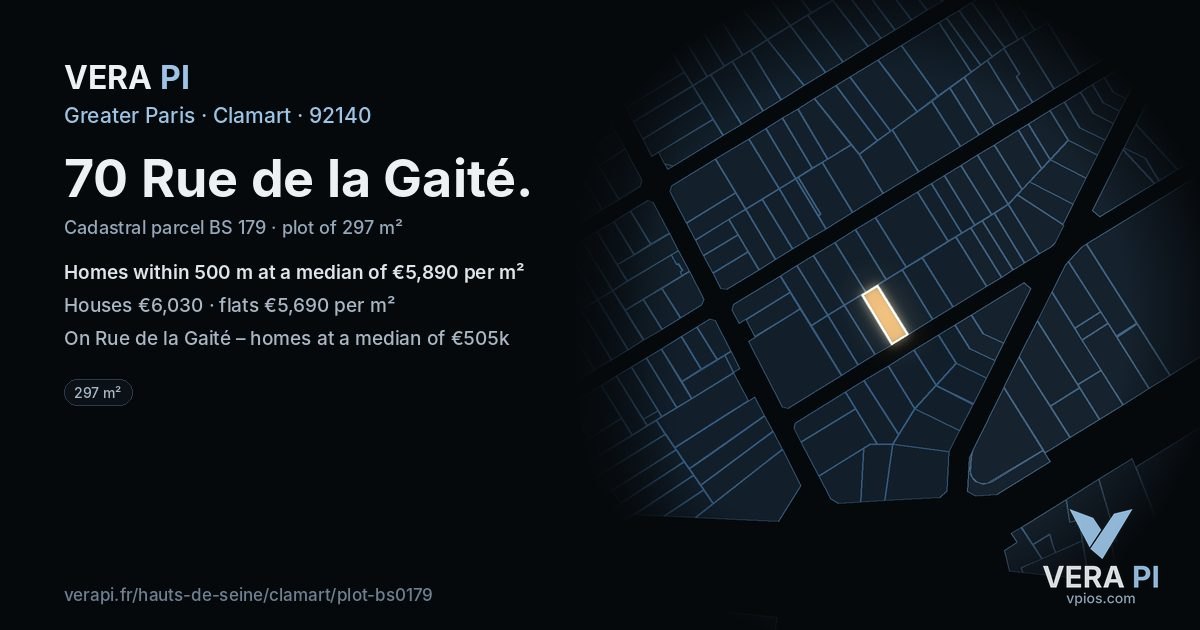70 Rue de la Gaité, Clamart at night – the plot lit, the parcels around coloured by the prices near them
