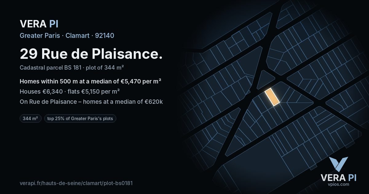 29 Rue de Plaisance, Clamart at night – the plot lit, the parcels around coloured by the prices near them