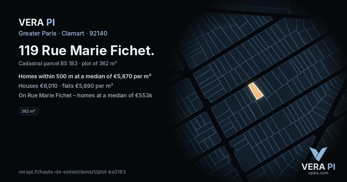 119 Rue Marie Fichet, Clamart at night – the plot lit, the parcels around coloured by the prices near them
