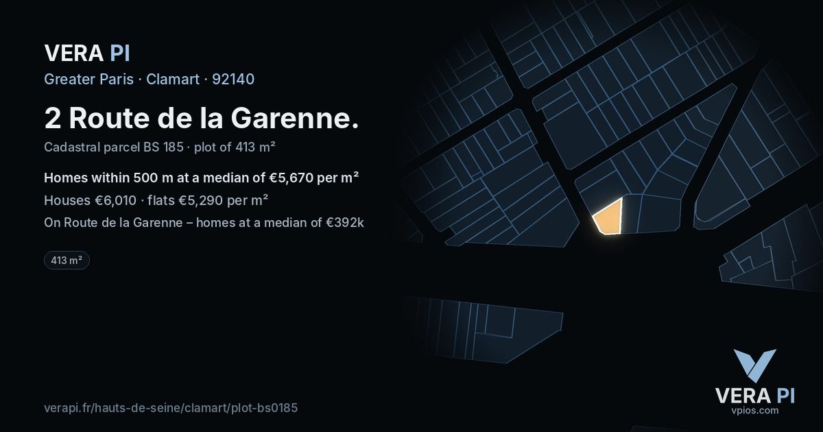 2 Route de la Garenne, Clamart at night – the plot lit, the parcels around coloured by the prices near them