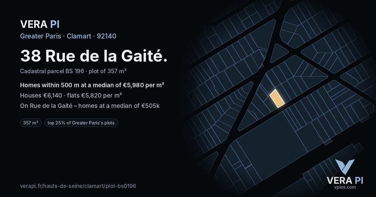38 Rue de la Gaité, Clamart at night – the plot lit, the parcels around coloured by the prices near them