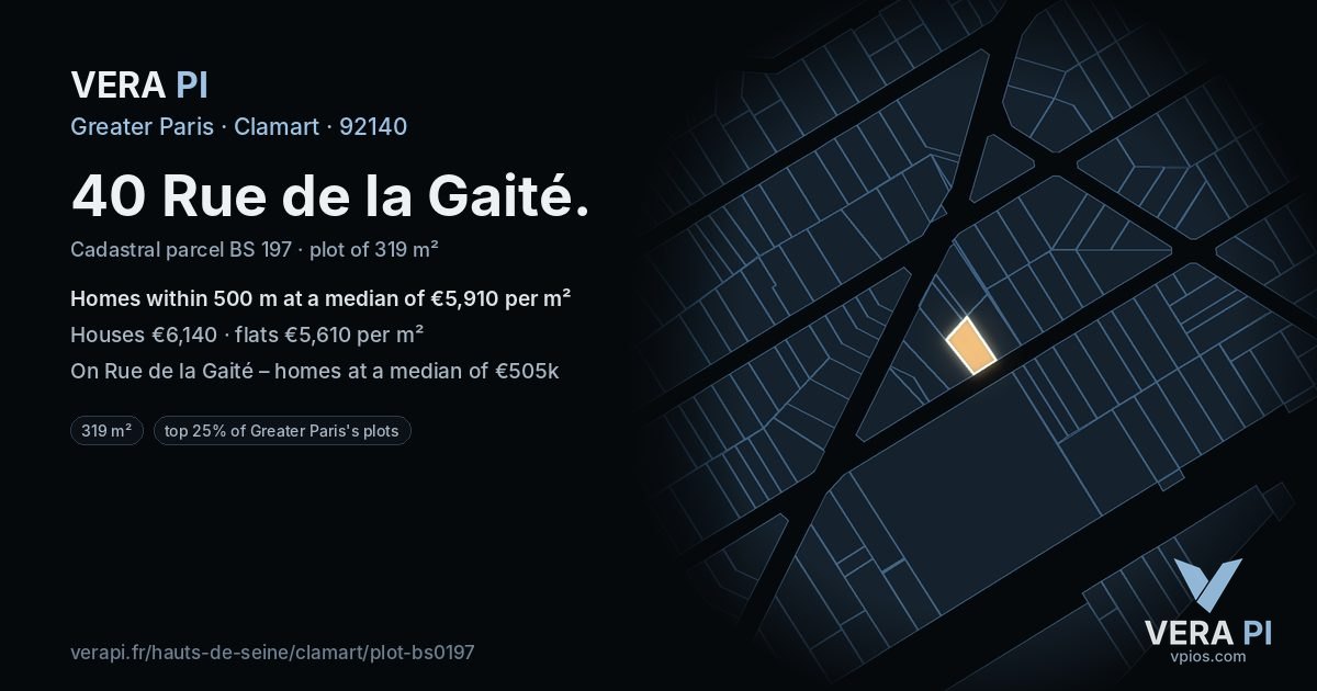 40 Rue de la Gaité, Clamart at night – the plot lit, the parcels around coloured by the prices near them