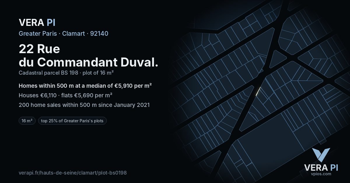 22 Rue du Commandant Duval, Clamart at night – the plot lit, the parcels around coloured by the prices near them