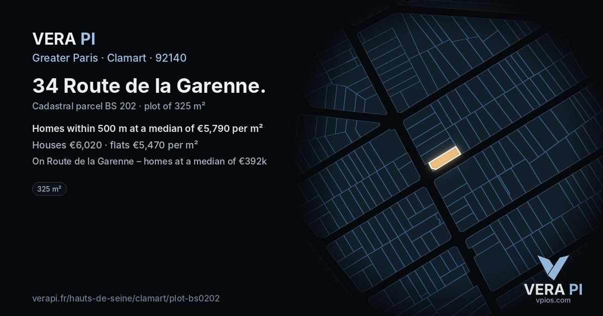 34 Route de la Garenne, Clamart at night – the plot lit, the parcels around coloured by the prices near them