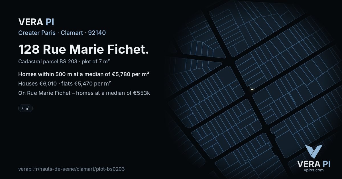 128 Rue Marie Fichet, Clamart at night – the plot lit, the parcels around coloured by the prices near them