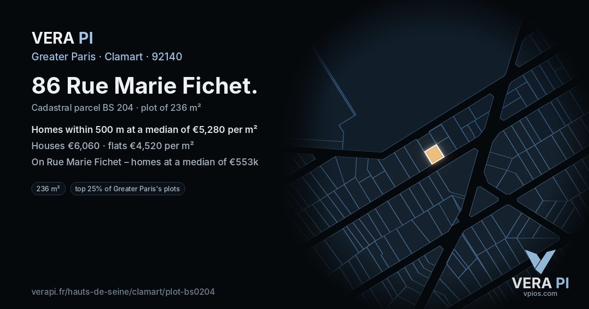 86 Rue Marie Fichet, Clamart at night – the plot lit, the parcels around coloured by the prices near them
