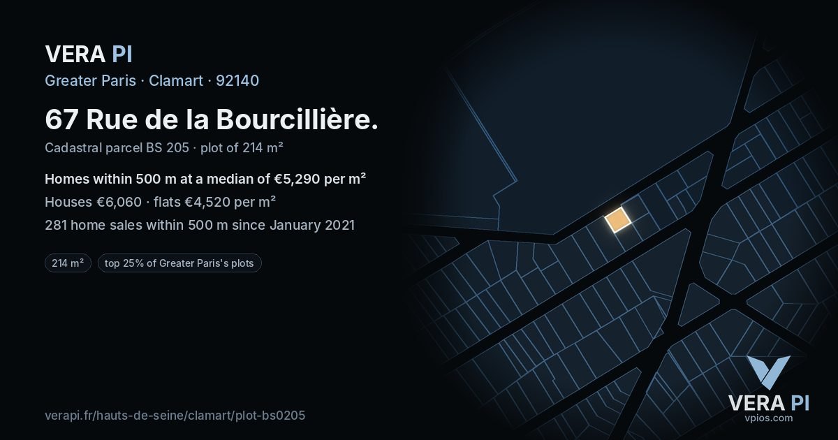 67 Rue de la Bourcillière, Clamart at night – the plot lit, the parcels around coloured by the prices near them