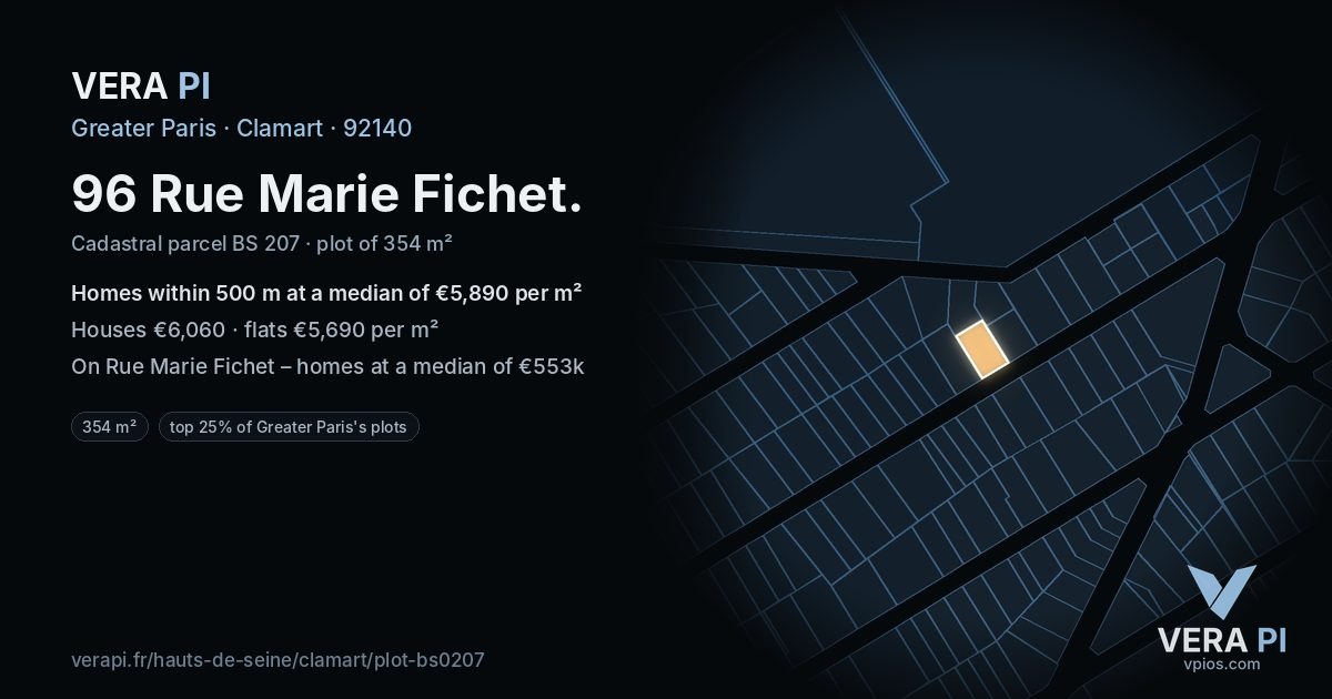 96 Rue Marie Fichet, Clamart at night – the plot lit, the parcels around coloured by the prices near them