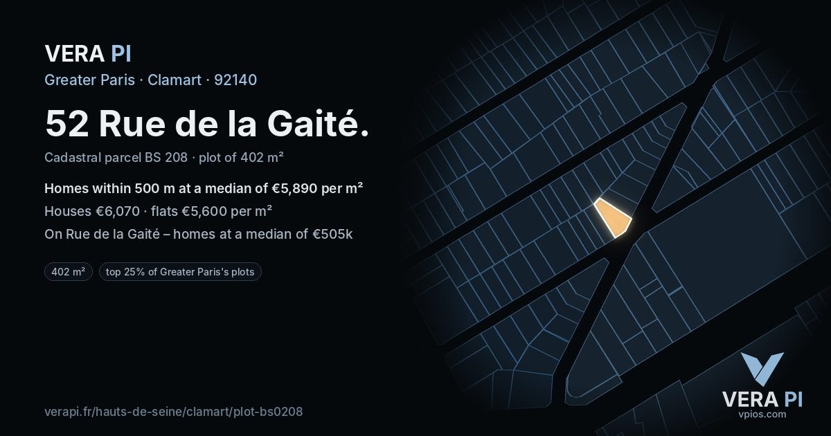 52 Rue de la Gaité, Clamart at night – the plot lit, the parcels around coloured by the prices near them