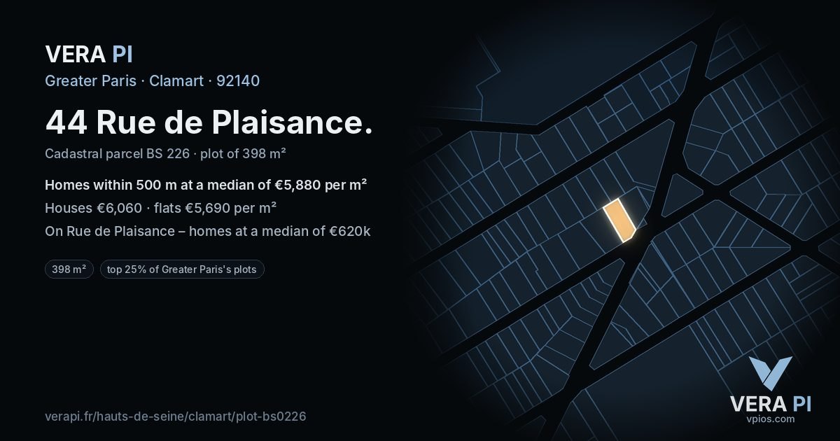 44 Rue de Plaisance, Clamart at night – the plot lit, the parcels around coloured by the prices near them