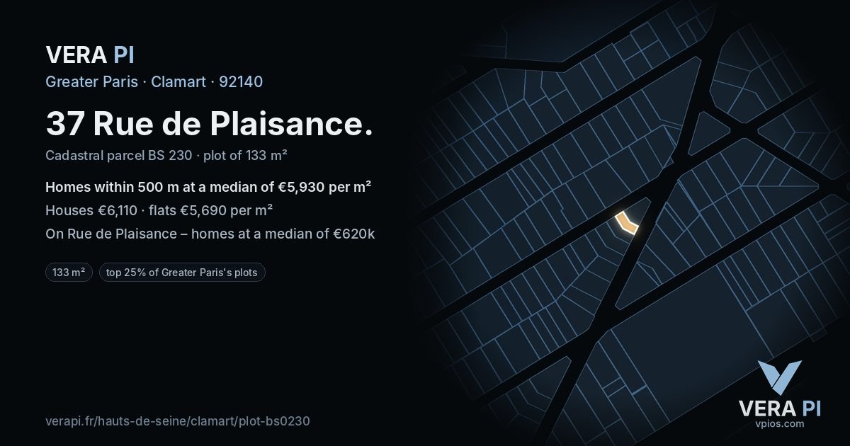 37 Rue de Plaisance, Clamart at night – the plot lit, the parcels around coloured by the prices near them
