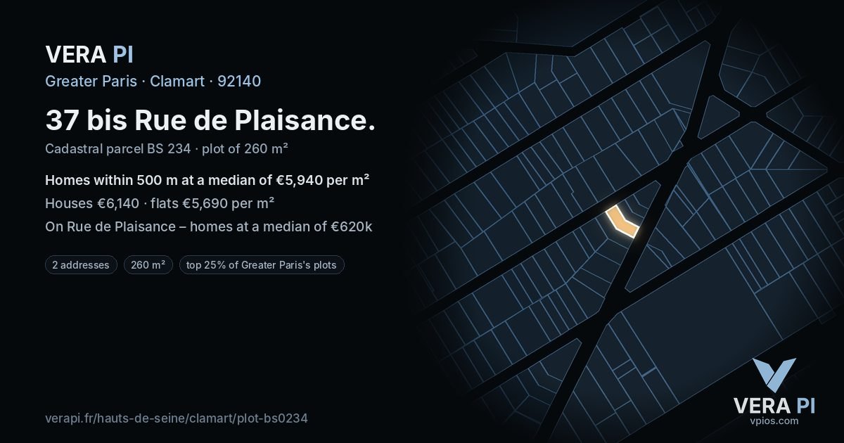37 bis Rue de Plaisance, Clamart at night – the plot lit, the parcels around coloured by the prices near them