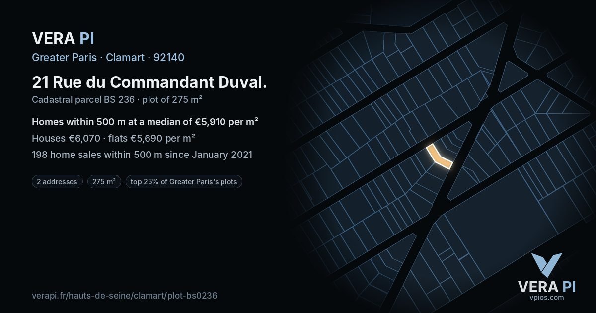 21 Rue du Commandant Duval, Clamart at night – the plot lit, the parcels around coloured by the prices near them