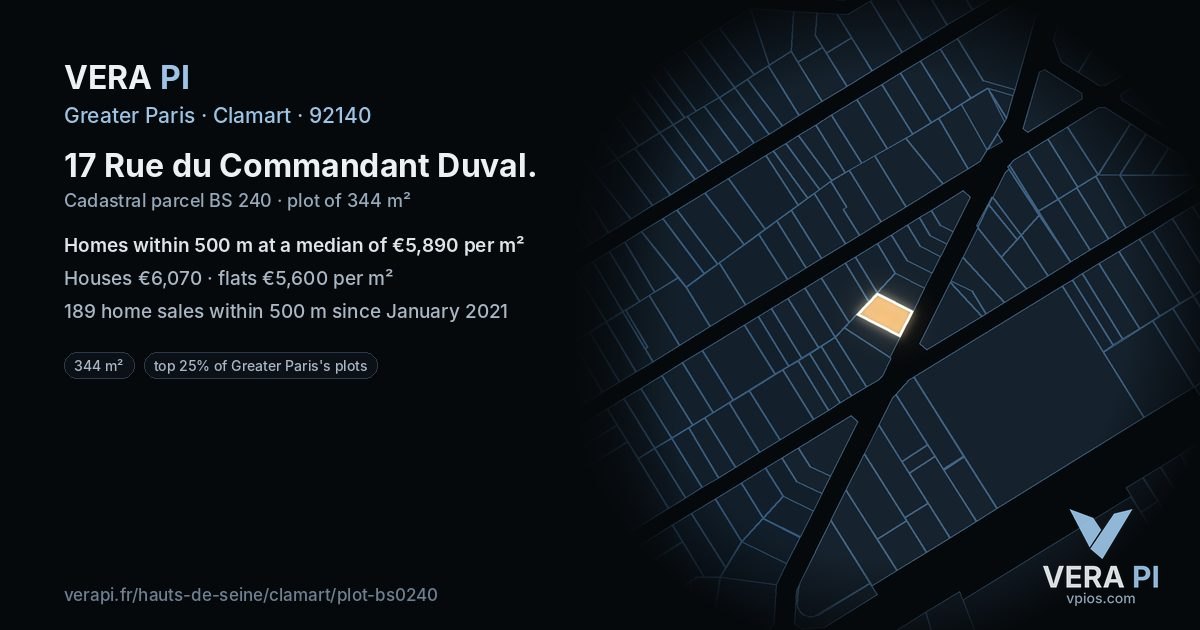 17 Rue du Commandant Duval, Clamart at night – the plot lit, the parcels around coloured by the prices near them