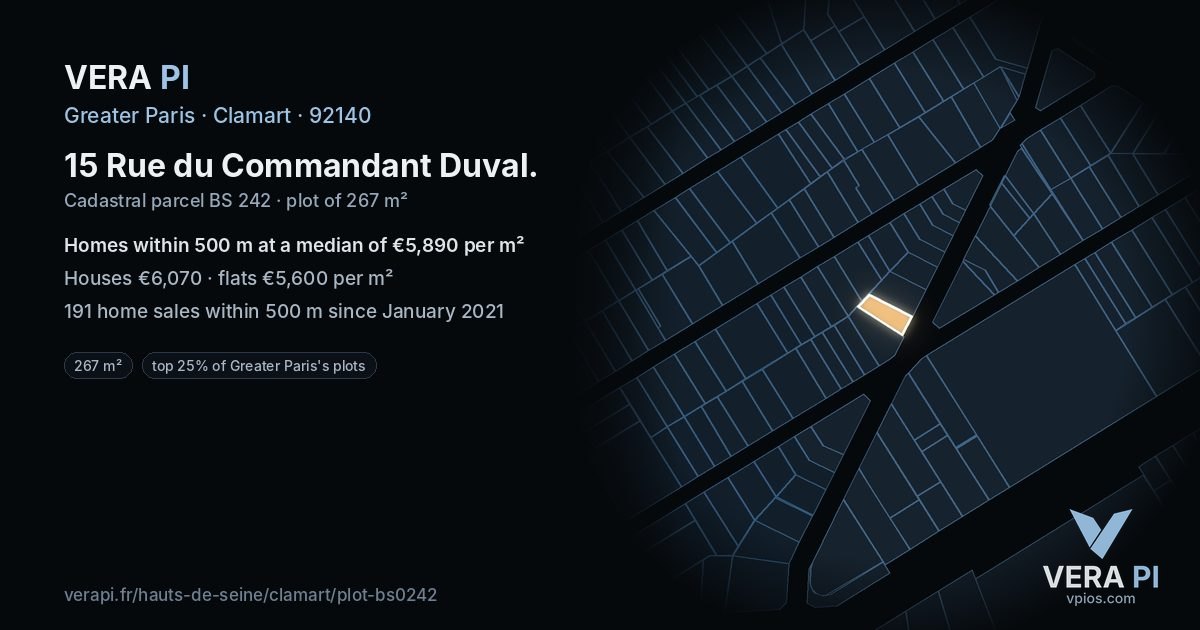 15 Rue du Commandant Duval, Clamart at night – the plot lit, the parcels around coloured by the prices near them