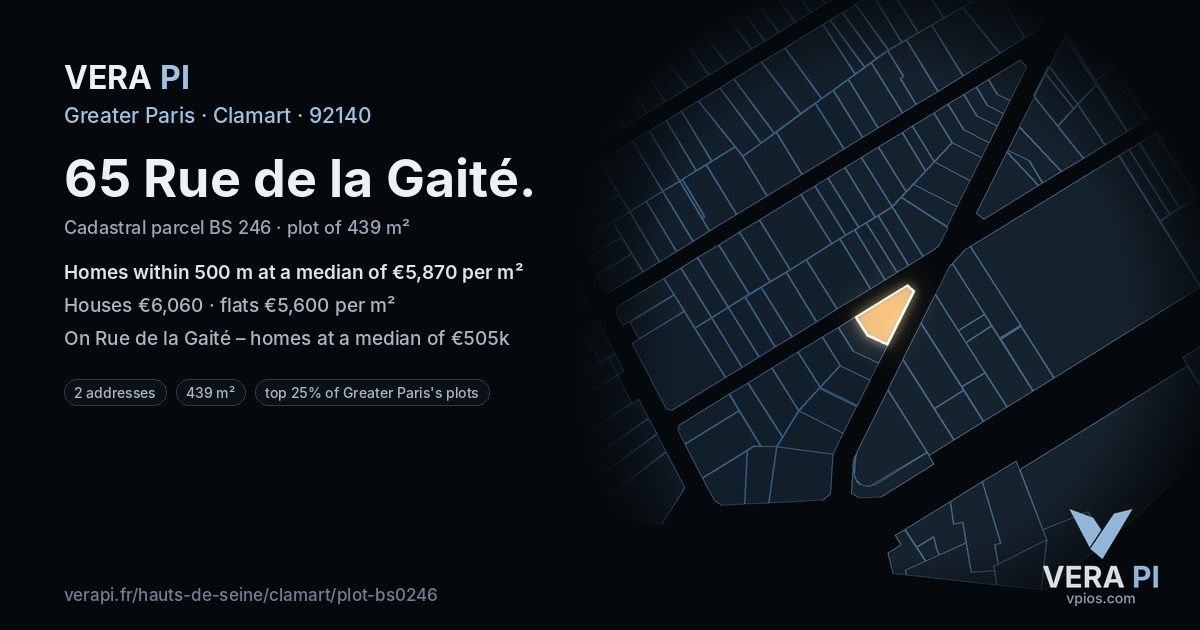 65 Rue de la Gaité, Clamart at night – the plot lit, the parcels around coloured by the prices near them