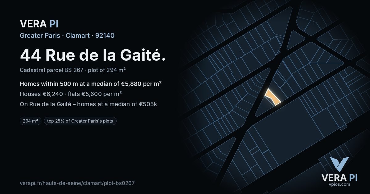 44 Rue de la Gaité, Clamart at night – the plot lit, the parcels around coloured by the prices near them