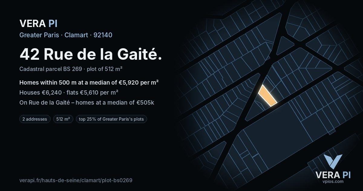 42 Rue de la Gaité, Clamart at night – the plot lit, the parcels around coloured by the prices near them