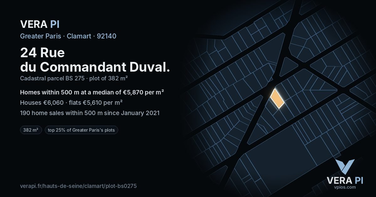24 Rue du Commandant Duval, Clamart at night – the plot lit, the parcels around coloured by the prices near them
