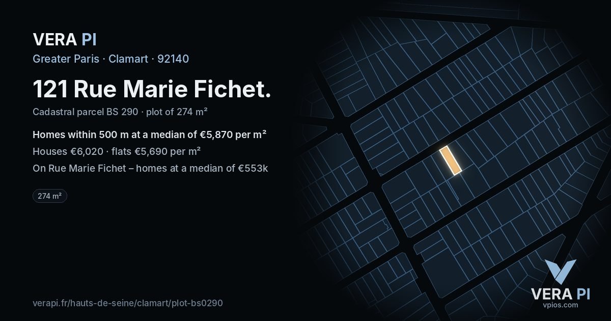121 Rue Marie Fichet, Clamart at night – the plot lit, the parcels around coloured by the prices near them