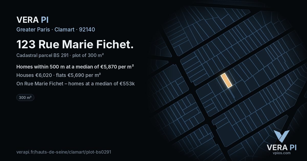 123 Rue Marie Fichet, Clamart at night – the plot lit, the parcels around coloured by the prices near them