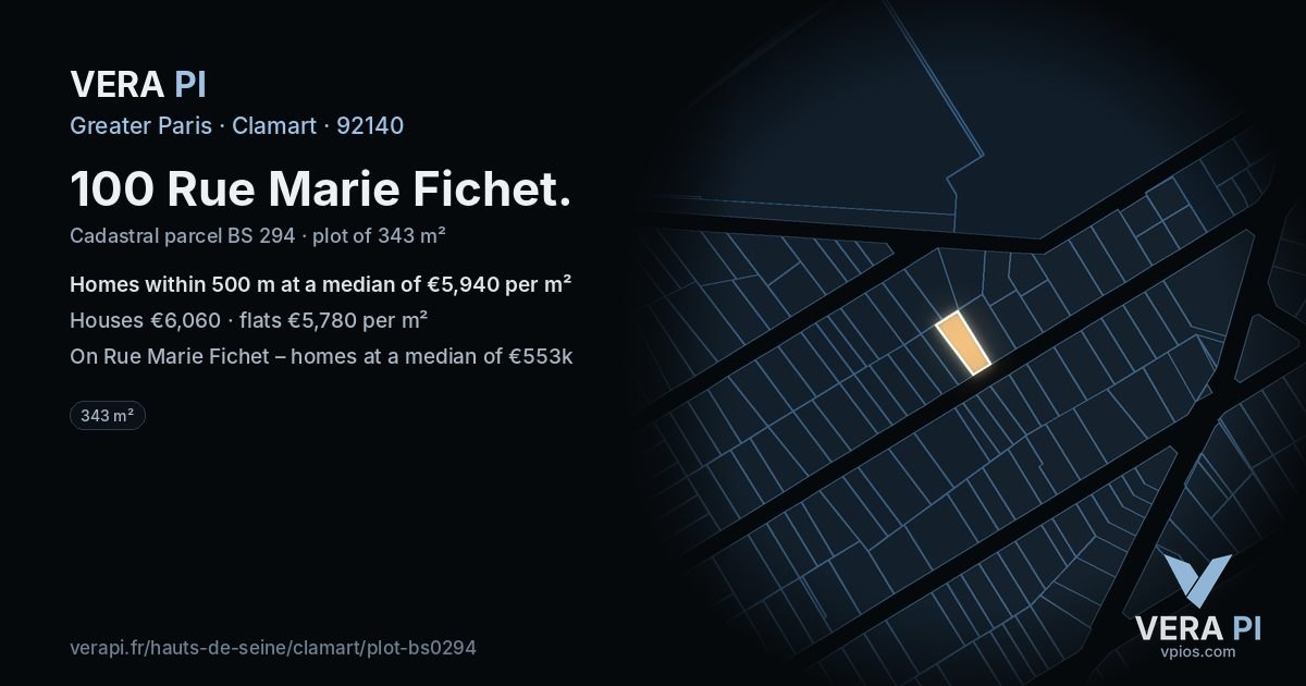 100 Rue Marie Fichet, Clamart at night – the plot lit, the parcels around coloured by the prices near them