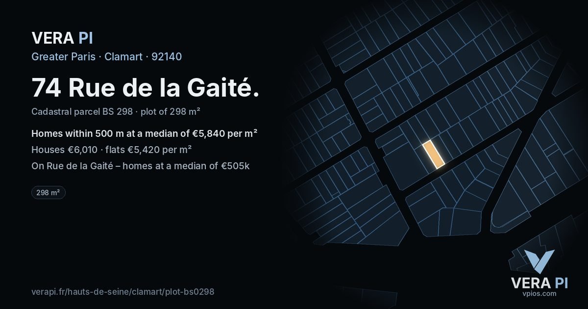 74 Rue de la Gaité, Clamart at night – the plot lit, the parcels around coloured by the prices near them