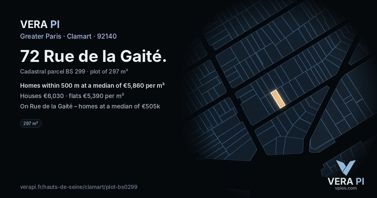 72 Rue de la Gaité, Clamart at night – the plot lit, the parcels around coloured by the prices near them