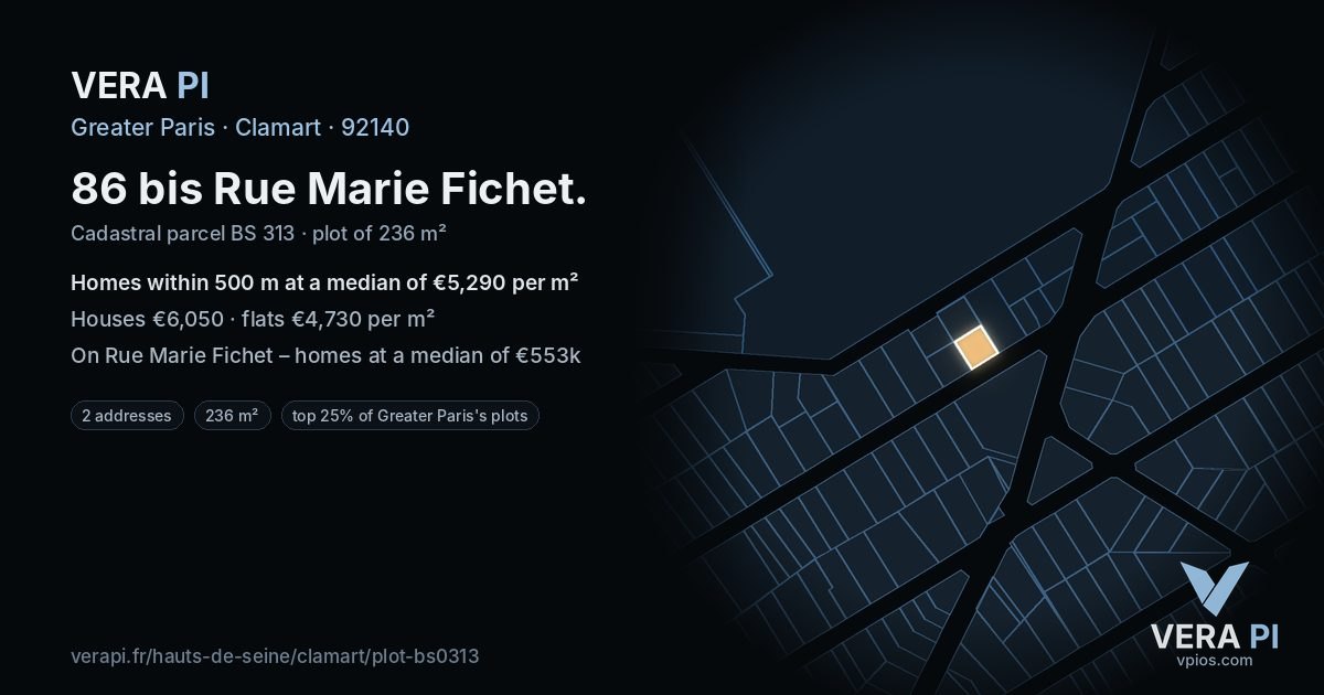 86 bis Rue Marie Fichet, Clamart at night – the plot lit, the parcels around coloured by the prices near them