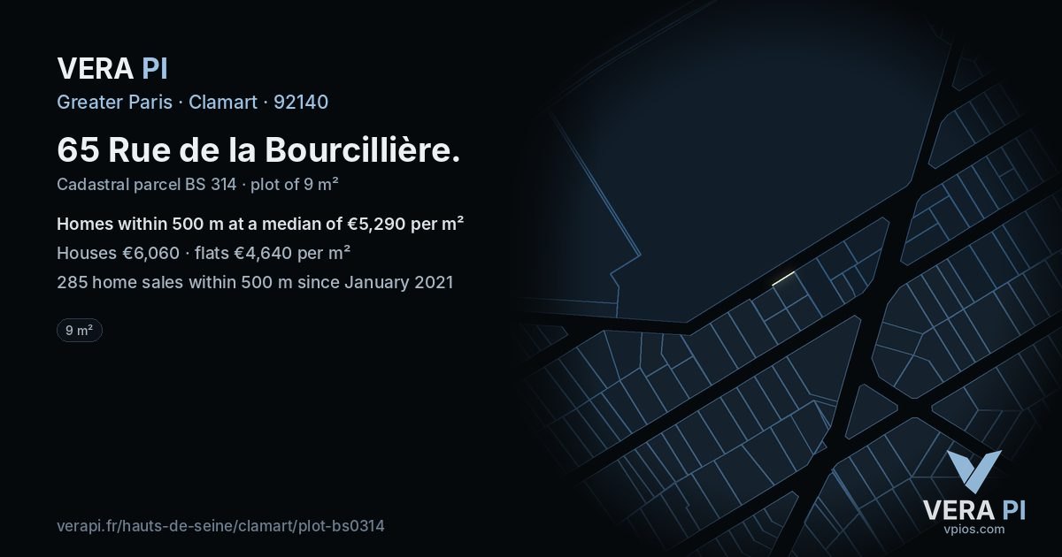 65 Rue de la Bourcillière, Clamart at night – the plot lit, the parcels around coloured by the prices near them