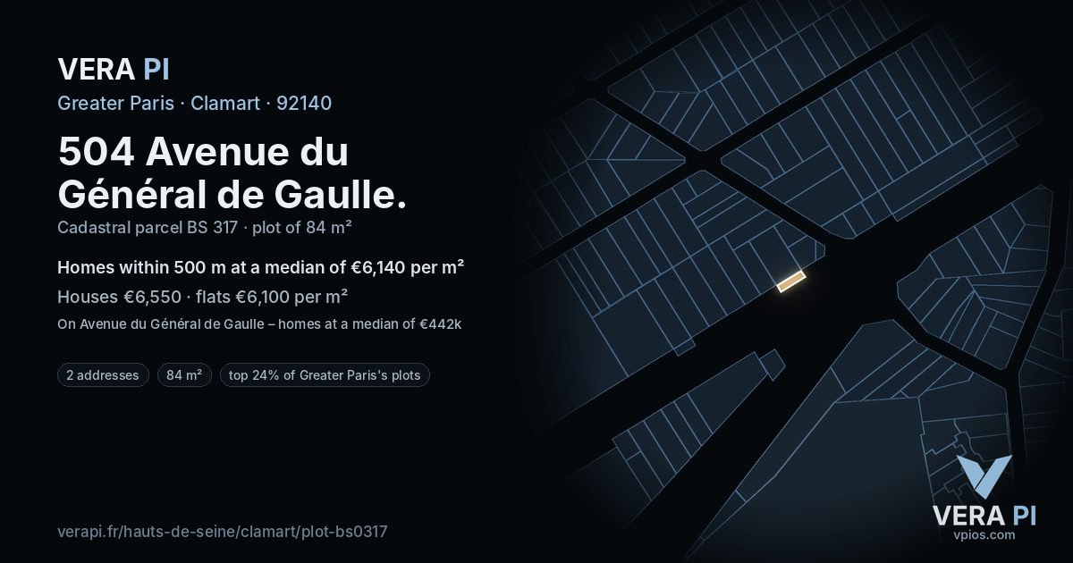 504 Avenue du Général de Gaulle, Clamart at night – the plot lit, the parcels around coloured by the prices near them