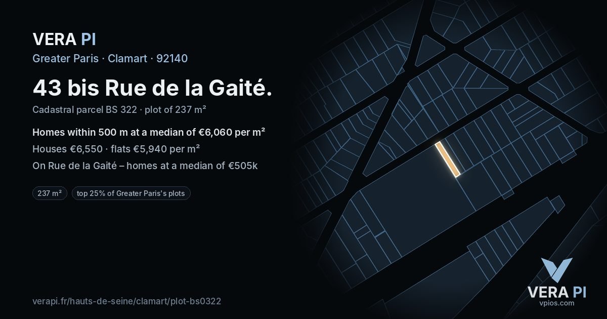 43 bis Rue de la Gaité, Clamart at night – the plot lit, the parcels around coloured by the prices near them