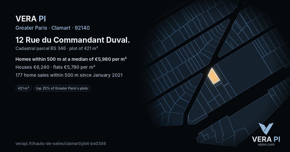 12 Rue du Commandant Duval, Clamart at night – the plot lit, the parcels around coloured by the prices near them