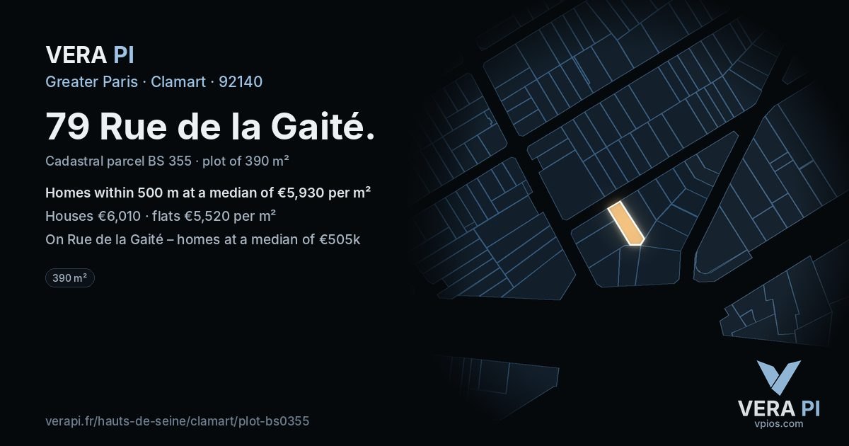 79 Rue de la Gaité, Clamart at night – the plot lit, the parcels around coloured by the prices near them