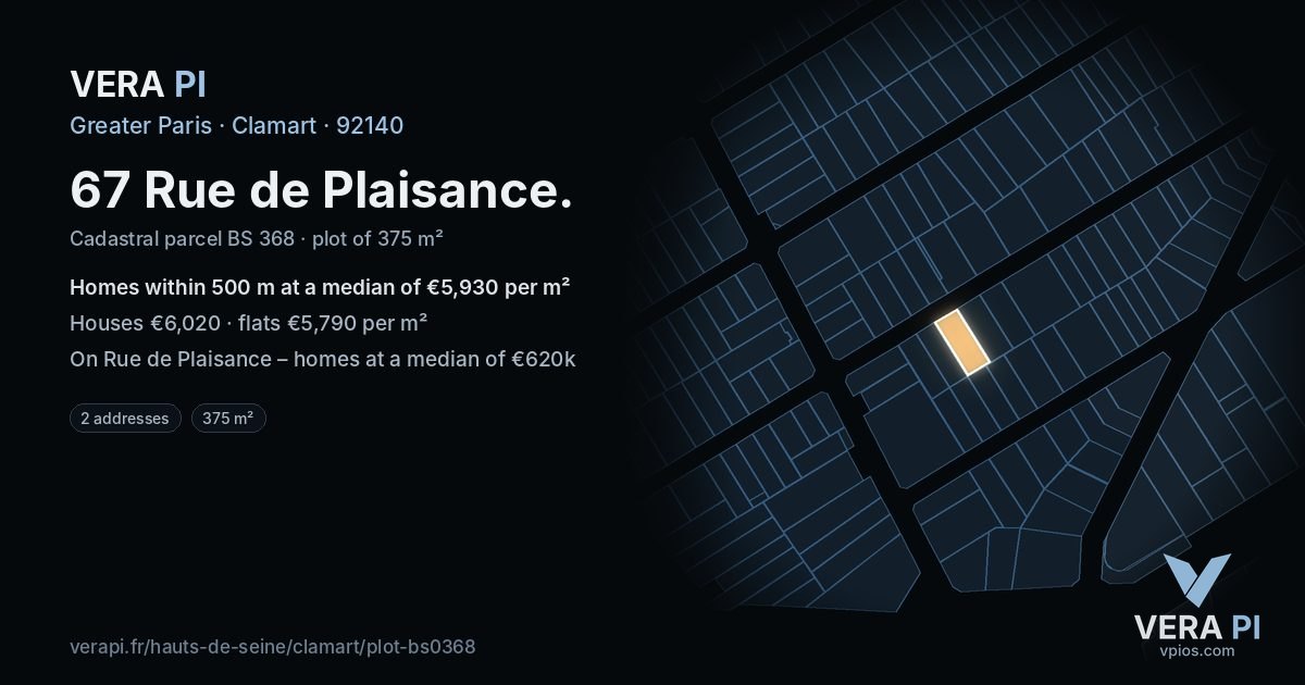 67 Rue de Plaisance, Clamart at night – the plot lit, the parcels around coloured by the prices near them
