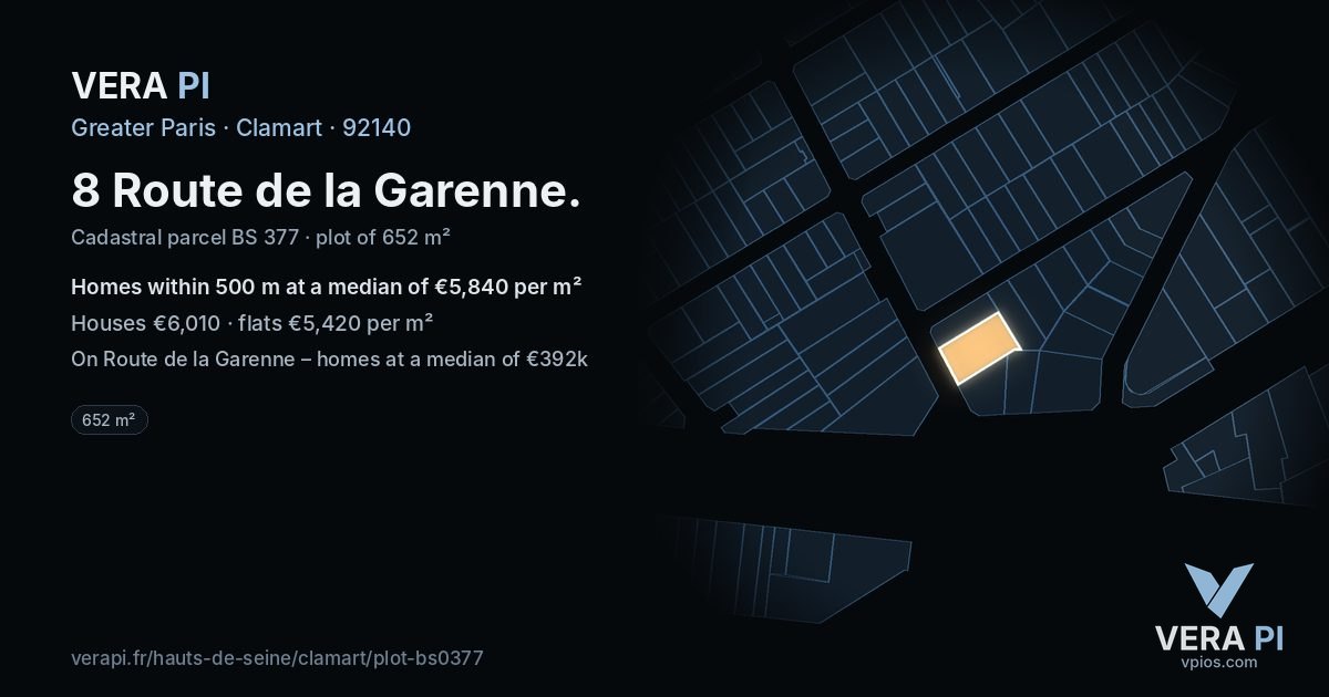 8 Route de la Garenne, Clamart at night – the plot lit, the parcels around coloured by the prices near them